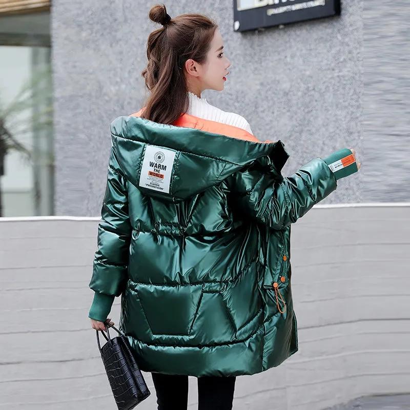 Winter Jacket Parkas Women Glossy Down Cotton Jacket Hooded Parka Warm Female Mid-length Cotton Thick Jacket Casual Loose Outwear Medium Long Overcoat