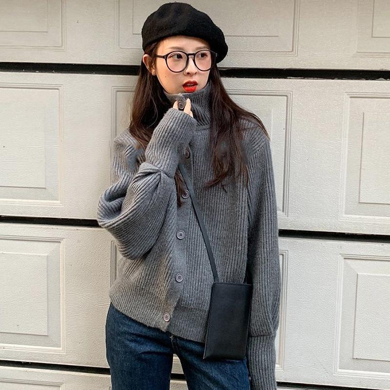 Spring  Autumn Design Sense Lapel Solid Color Vertical Pattern Sweater Cardigan Girl Student Casual Fashion All-match Knitted Cardigan
