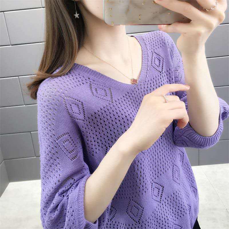V-neck Hollow Knit Sweater Loose Breathable Long-sleeved Sweater Thin Bottoming Shirt