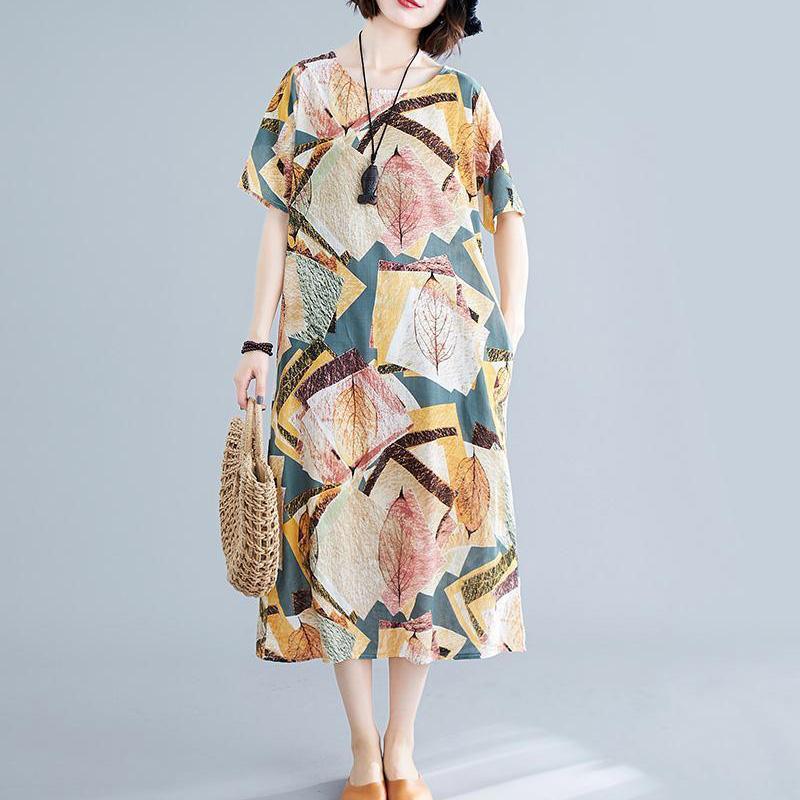 Women's Summer Dress Literary Retro Large Size Printing Round Neck Pocket Loose and Thin Cover Belly