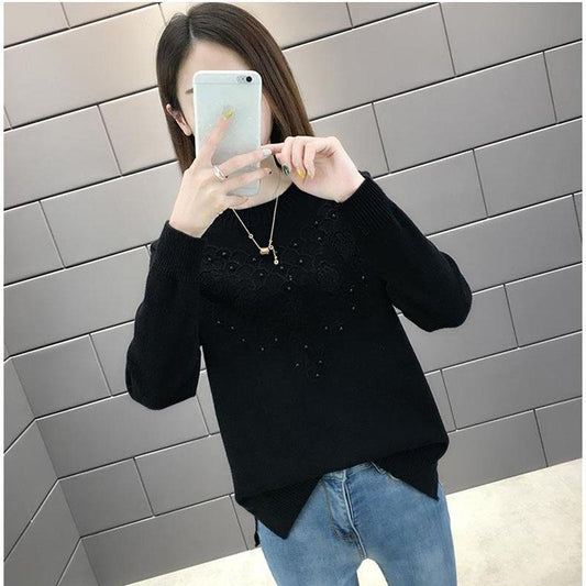 Autumn and Winter Fashion Sweater Knitted Beading Decoration Bottoming Shirt Solid Color All-match Blouse