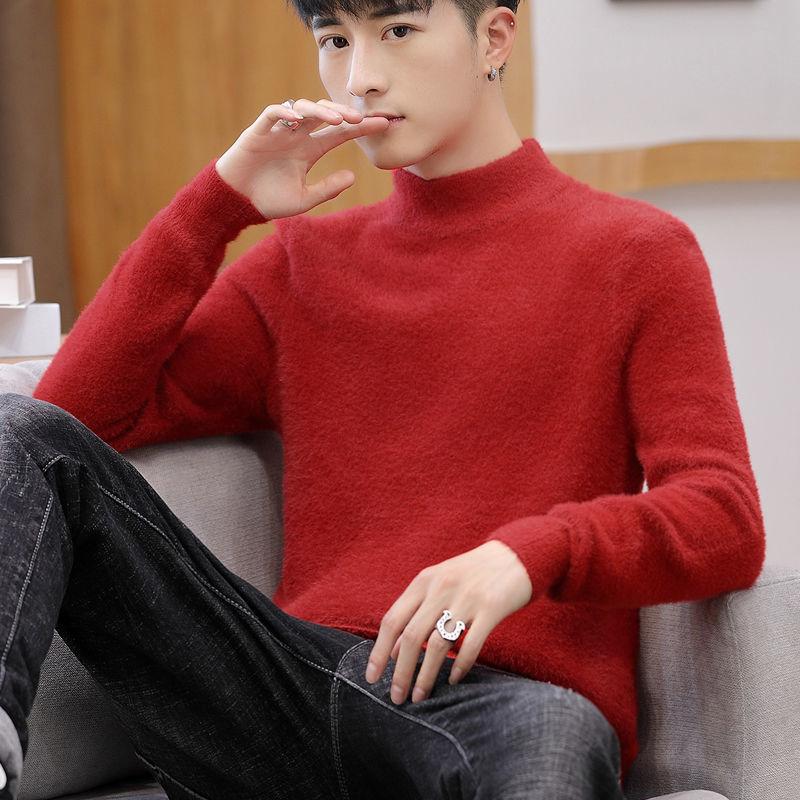 Winter Half Turtleneck Sweater Warm and Windproof Comfortable Men's Korean Style Slim Velvet Base Sweater