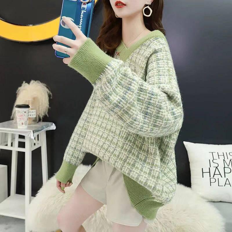 Pofulove Check V-neck Pullover Sweater Women Autumn Winter Loose Wild Long Sleeve Knitted Sweater