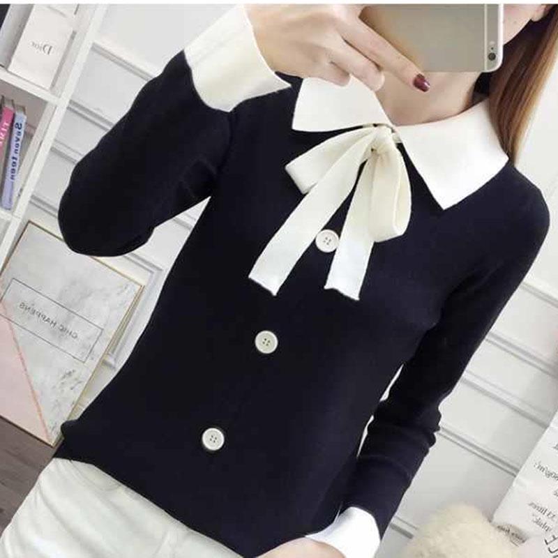 Autumn and Winter Loose Sweater Doll Collar Lace Top Bow Knit Women's Bottoming Shirt