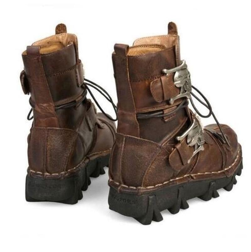 Men Genuine Leather Military Uniform Boots Gothic Skull Punk Martin Platform Mid-calf Boots