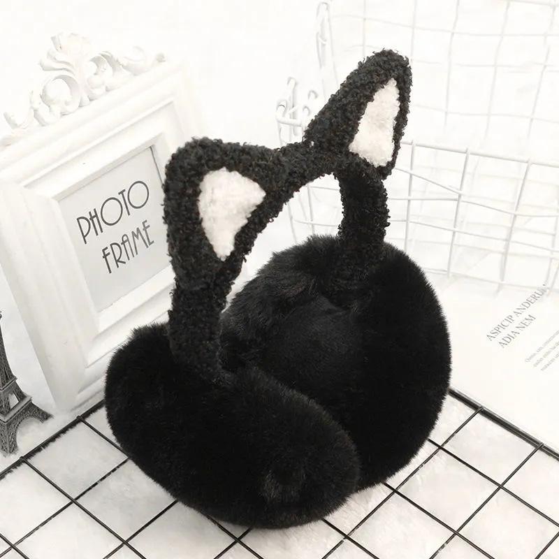 Women's Cute Cat Ears Foldable Earmuffs Korean Style Plush Ear Muffs Thickened Cold-proof Cartoon Earflap Winter Plush Ear Pad Cover Ear Protection