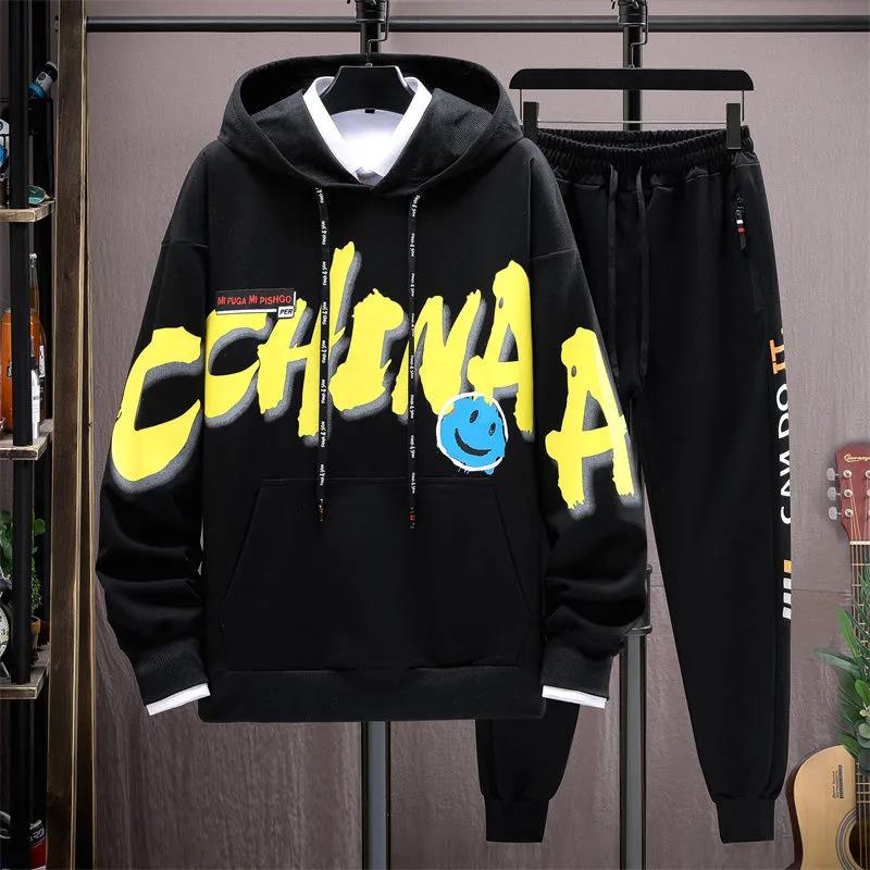 Teen Student Sweater Suit Hooded Pullover and Casual Pants School Trend Sports Suit for Spring & Fall
