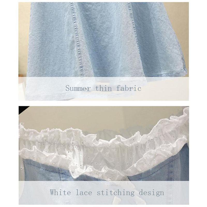 Fashion Lace Stitching One-shoulder Denim Dress Buttoned A-line Skirt Small Summer