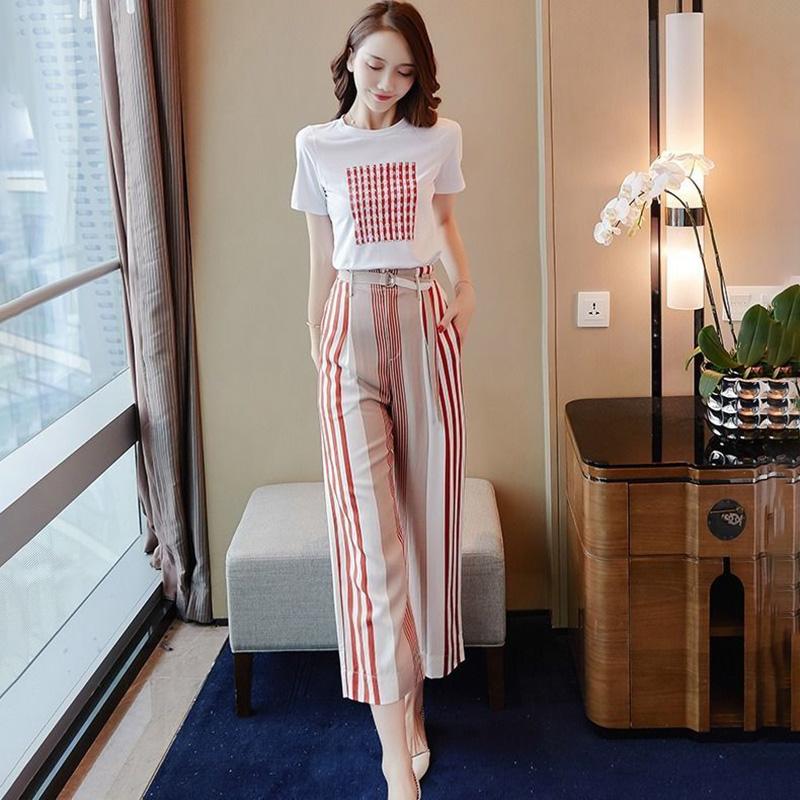 Summer Women's Cotton T-shirt Wide-leg Pants Two-piece Women's Round Neck Short-sleeved T-shirt + Loose Wide-leg Pants Fabric Soft and Sweat-absorbent
