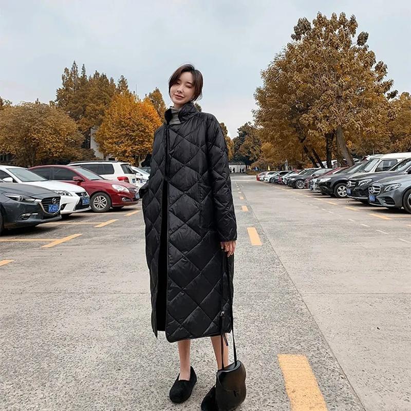 Casual Loose Argyle Hooded Parkas Women Fashion Solid Thick Long Coats Women Elegant Tie Belt Cotton Jackets Female Ladies