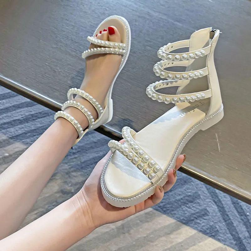 Summer Exquisite Vintage Pearl Sandals Korean Casual All Match Roman Sandals Flat Non-slip Beach Shoes
