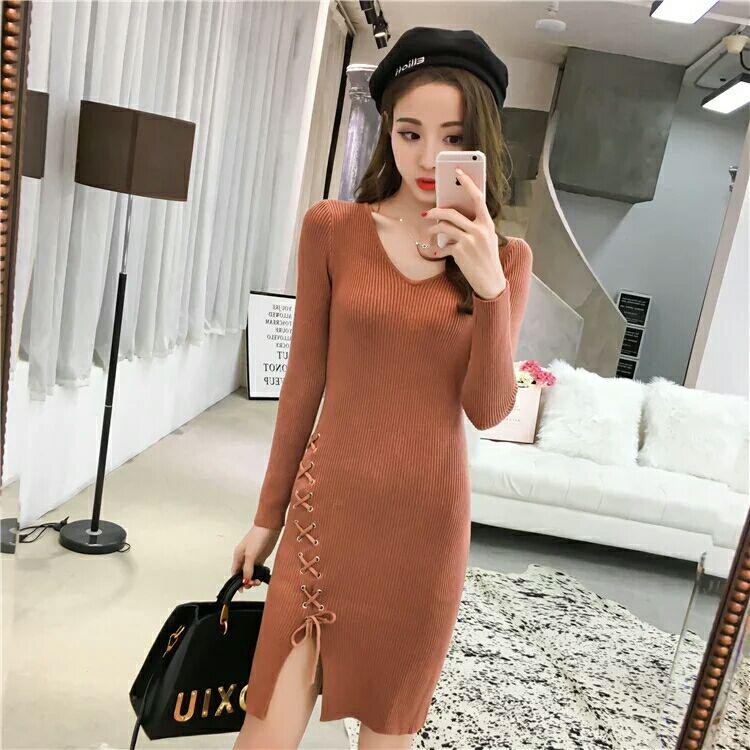 Pofulove Hip Sweater Dress Winter Women's Slim Fit Hedging Mid-length Bottoming Knitted Sweater