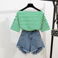 Fashion Shorts Suit Summer Off Shoulder Striped T-shirt Ripped Denim Shorts Two-Piece Casual Outfit