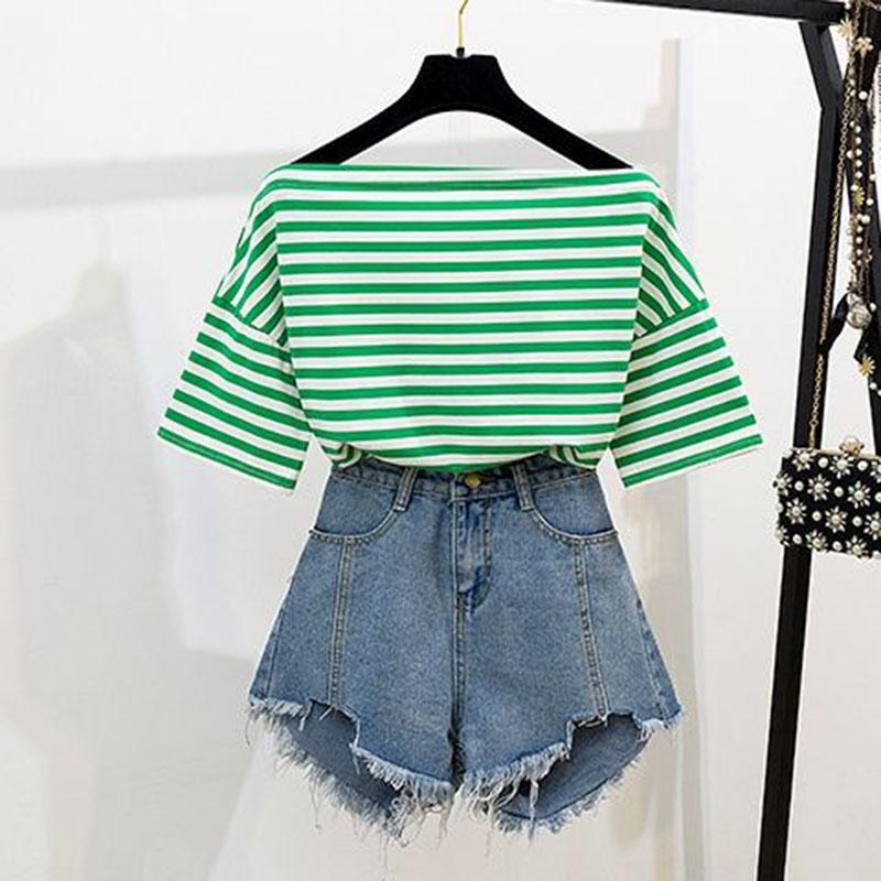 Fashion Shorts Suit Summer Off Shoulder Striped T-shirt Ripped Denim Shorts Two-Piece Casual Outfit