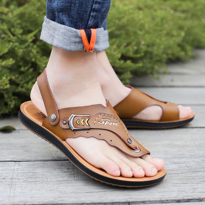 Wearable Leather Sandals Summer Men's Slippers Non-slip Driving Beach Shoes Herringbone Sandals Men