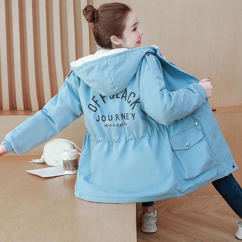 Autumn Winter Women Hooded Parka Jacket Short Thickened  Casual Loose Drawstring Windbreaker Jacket Plus Velvet Parka Coat