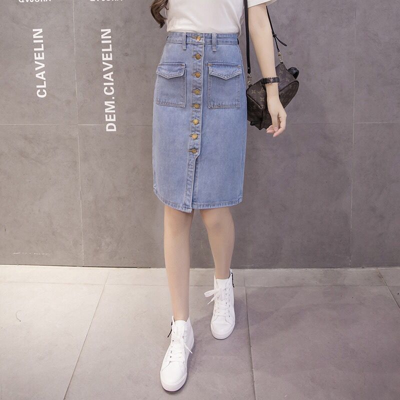 Women Sexy Solid Pocket Buttons Split Denim Skirt High Waist Above Knee Hip Skirt Casual Club Home Office