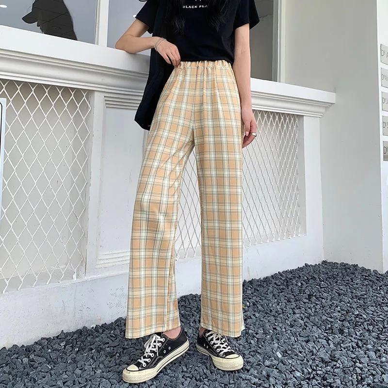 Women's Summer Plaid Trousers Korean Style Japanese Loose Thin Wide-leg Pants All-match Straight Casual Pants Retro High Waist Elastic Pants