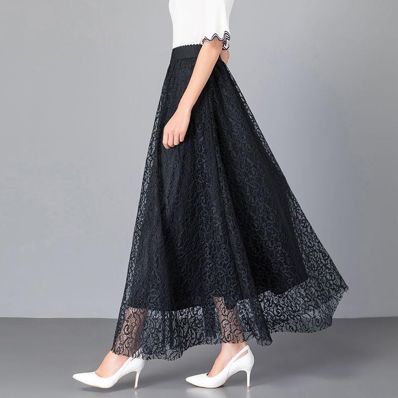 Large Size All-match A-line Long Skirt Women's Spring and Autumn Lace Elastic High Waist Mid-length Skirt
