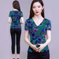 Women's Plus Size Printing Short Sleeve Tops Spring and Summer V-neck Slim Casual T-shirts