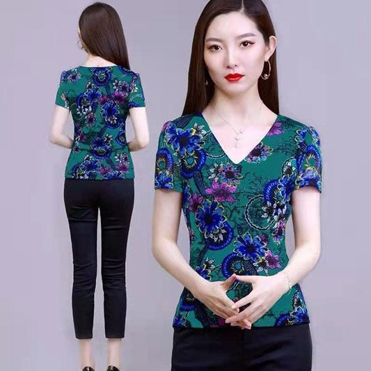Women's Plus Size Printing Short Sleeve Tops Spring and Summer V-neck Slim Casual T-shirts