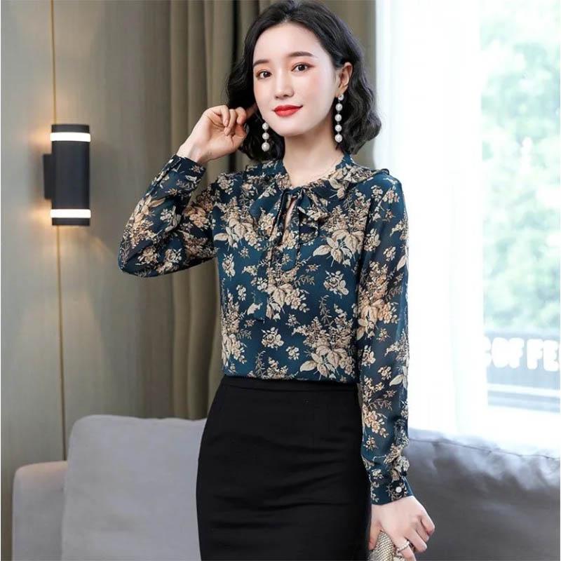 Floral Chiffon Shirt Shirt Ladies Mom Long Sleeve Top Covering Meat Foreign Style Commuter