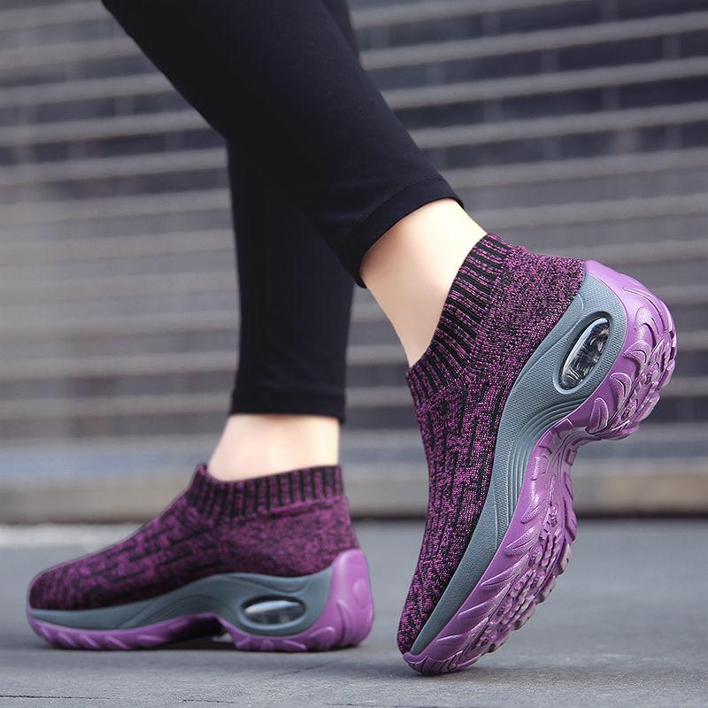 Women's Mid High-heeled Sneakers Casual Breathable Mesh Sports Shoes Running Flat Shoes Slip on Thick-soled Dance Shoes