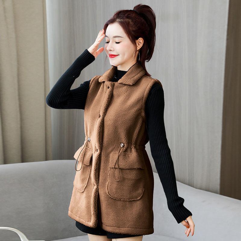 Autumn and Winter Lamb Hair Vest Women's Mid-length Pocket Waistcoat Student Casual Solid Color Jacket