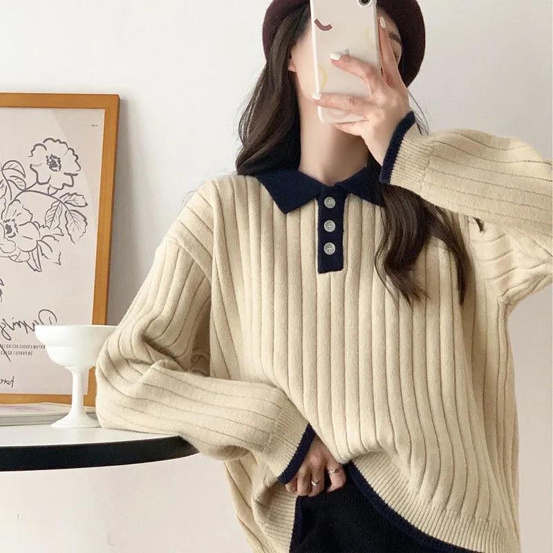 Women's Vertical Striped Solid Color Lapel Pullover Sweater Casual Loose Large Size Mid Length Knit Sweater