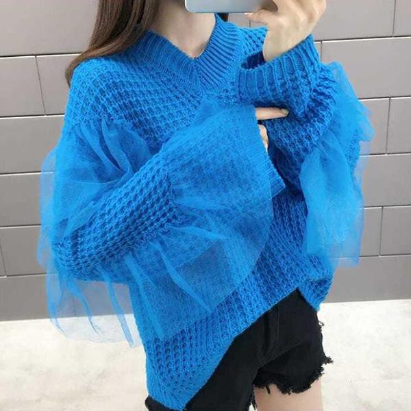 Hollow Lace Stitching Sweater Autumn and Winter Fashion Bottoming Shirt Solid Color Long-sleeved V-neck Sweater Casual All-match Top