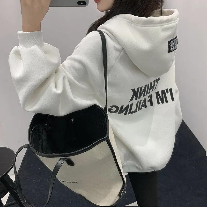 Women's Autumn and Winter Oversize Hooded Plus Velvet Thick Coat Korean Version of The Student Loose Top Ladies Ins Casual Sweater