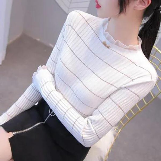 Women's Half Turtleneck Mesh Fungus Edge Bottoming Shirt Slim Fit Long Sleeve Knit Stretch Plus Size Sweater