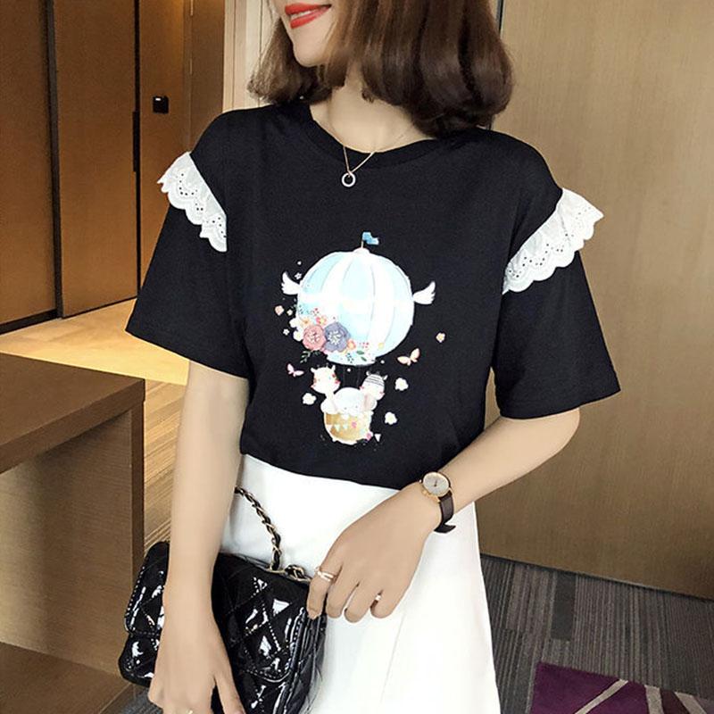 Short Sleeve T-shirt Women Summer Printing Large Size Loose All-match Lace Top