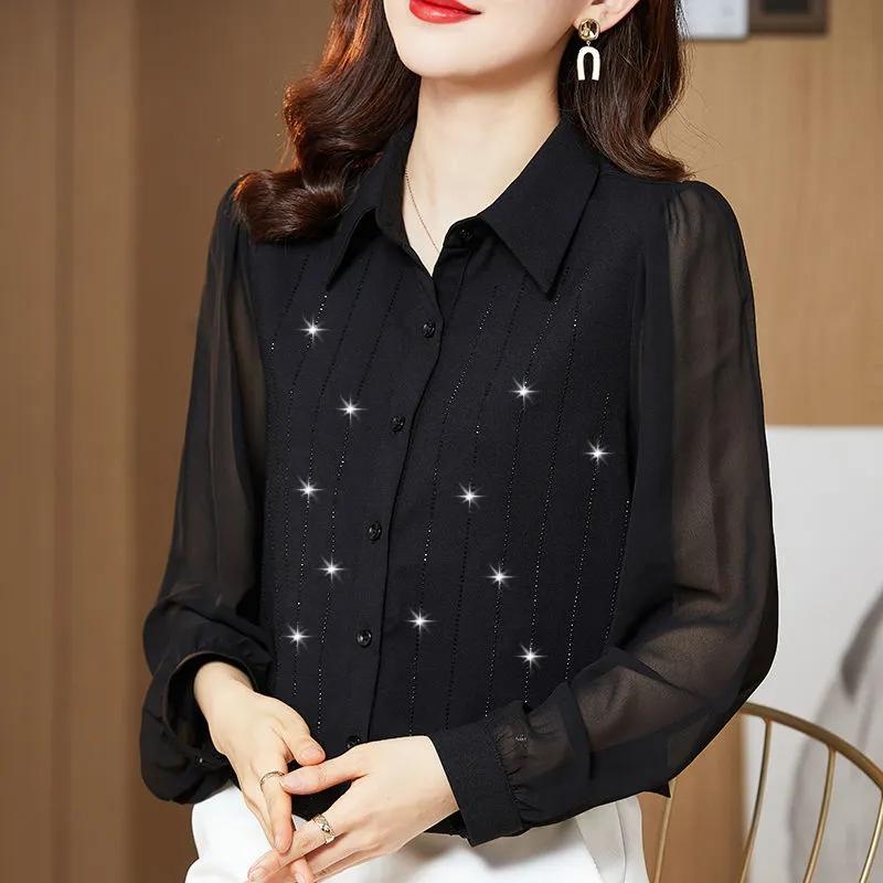 Rhinestone Chiffon Shirt Women's Long-sleeved Shirts Spring and Autumn Solid Color Lapel Mesh Blouse Temperament Button Up Lantern Sleeves Casual Tops