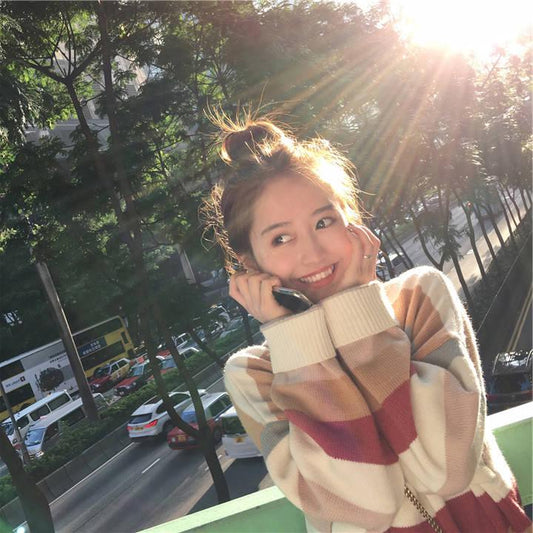 Pofulove Loose Pullover Sweater Women Autumn Winter Cute Colored Striped Knitted Sweater Student