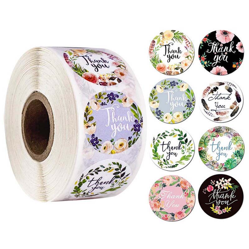 500 Pcs Round Flower Thank You Sticker Roll Sealing Sticker 8 Patterns Holiday Gift Decoration Stationery Sticker