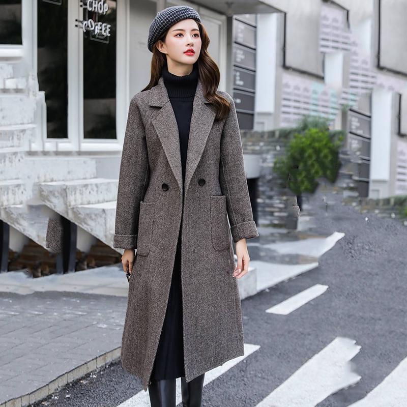 Cashmere Coat Elegant Long Women's Coat Lapel 2 Pockets Belted Jackets Coats Female Outerwear