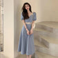 Women's Summer Solid Color Dress Square Neck Puff Sleeves Slim Over Knee Midi Dress