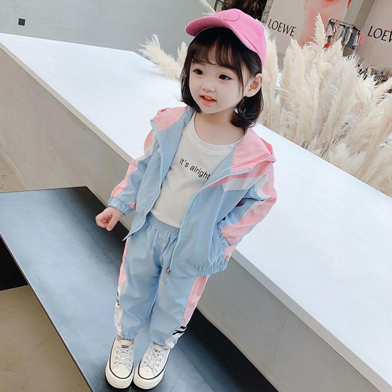 Boys and Girls Spring and Autumn Hooded Stitching Suit Two-piece Outdoor Sports Suit Korean Casual Sets