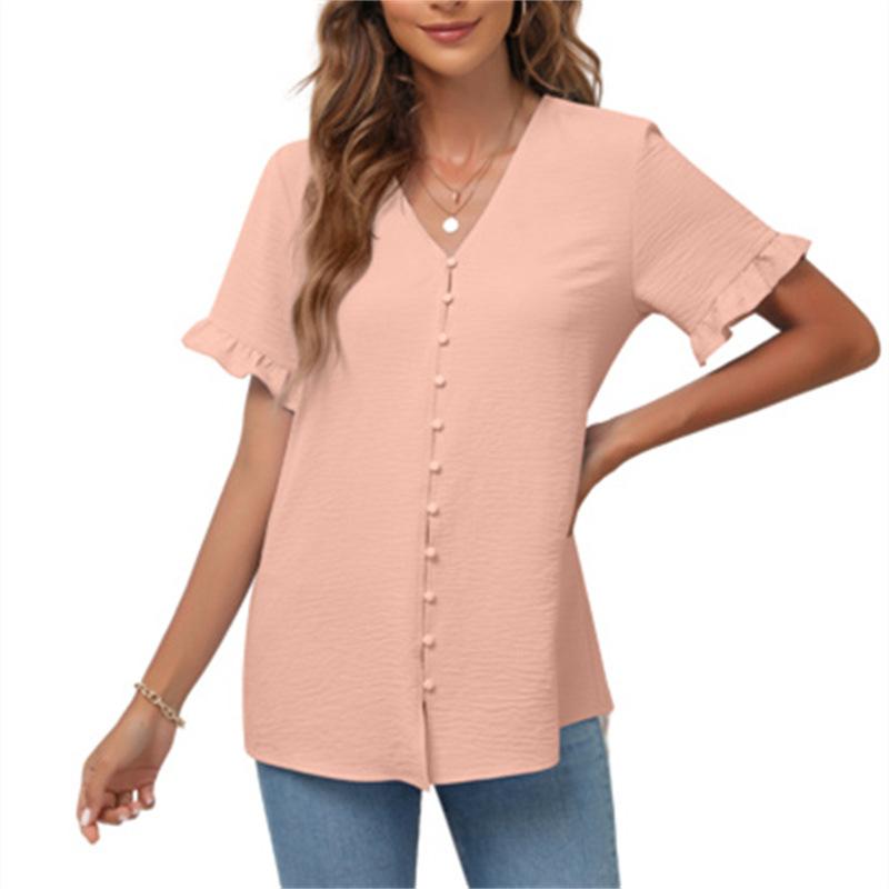 Spring and Summer Women's Casual Ruffled Short-sleeved V-neck Button-up Top European and American Solid Color Shirt