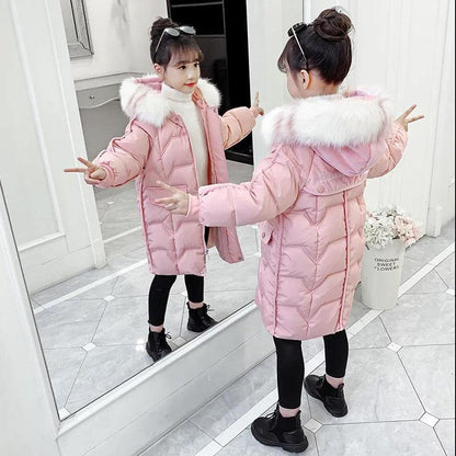 Girls' Warm Cotton Clothes Mid-length Padded Coat Winter Plus Velvet Padded Jacket