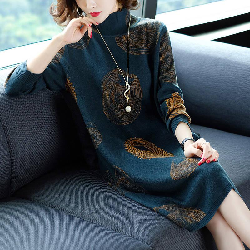 Autumn Winter Loose Knit Dress Female Long Plus Size Sweater Dress Turtleneck  Pullover Sweater Dress with Pockets