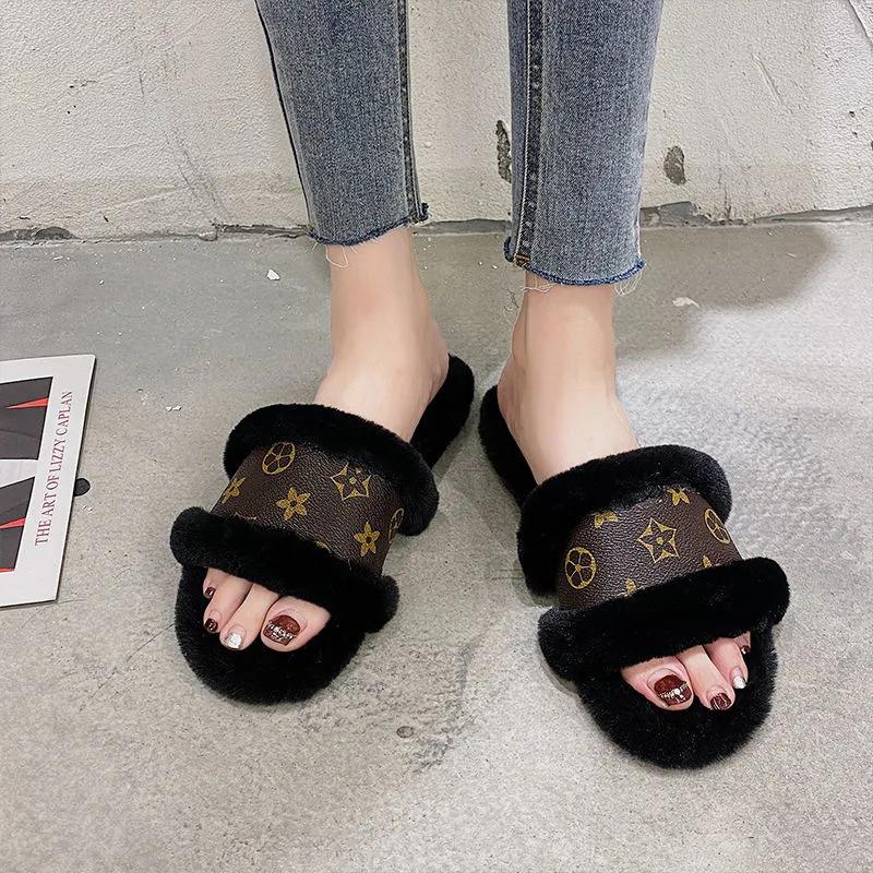 Slippers for Women Luxury Designer Leather Furry Winter Slipper Open Toe Slides Cotton Shoes Indoor Causal Ladies Slippers