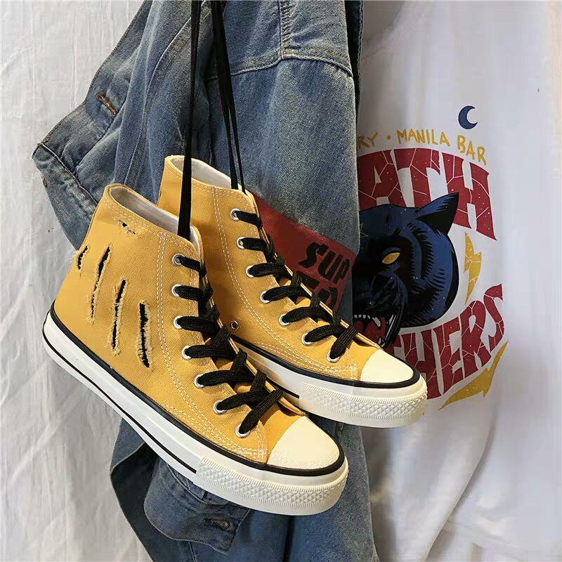 Spring Summer Men's Shoes Korean Version of The Trend of High-top Shoes Men's Casual Wild Shoes Cutout Distressed Canvas Shoes