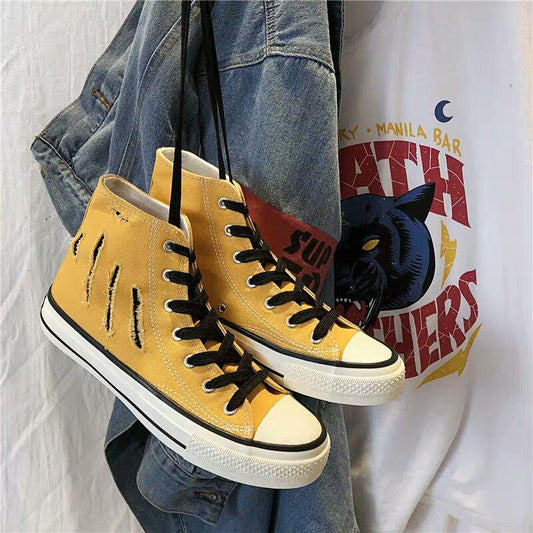 Spring Summer Men's Shoes Korean Version of The Trend of High-top Shoes Men's Casual Wild Shoes Cutout Distressed Canvas Shoes