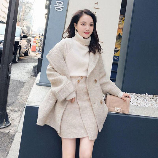 Cotton Thick Woolen Suit Women Autumn and Winter Temperament Small Mid-length Woolen Skirt Two-piece Suit