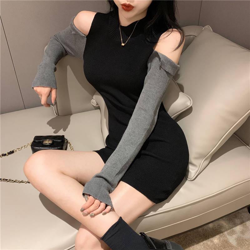 Colorblock Off-shoulder Pullover Sweaters Fashion Korean Casual Sexy Jumper Women Slim Sweatershirt