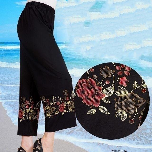 Women Summer Thin Pants Big Size Loose Elastic Waist Simple Cropped Pants High Waist Wide Leg Floral Printed Mothers' Casual Straight Pants