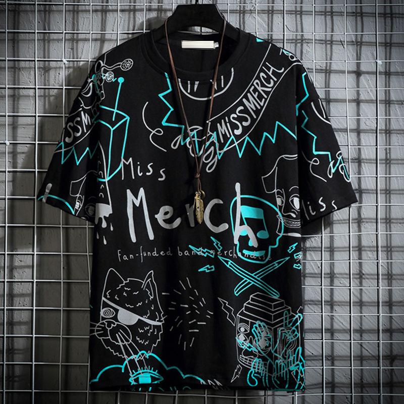 Summer Trend English Alphabet Short-sleeved Men's Printed Hip-hop Round Neck Loose Men's T-shirt