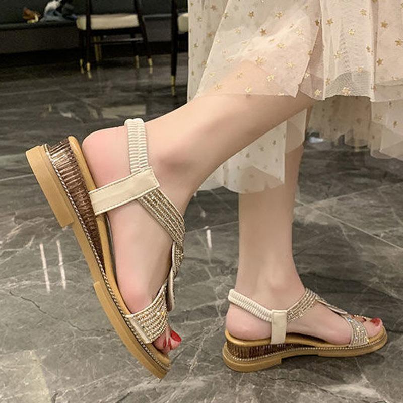Wedge Sandals Women's Shoes Summer Soft Leather Rhinestones Comfortable Soft Bottom Low-heeled All-match Women's Flat Shoes